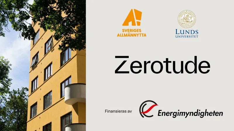 Gult flerbostadshus bredvid logotyperna för Sveriges Allmännytta, Lunds universitet, Zerotude och Energimyndigheten